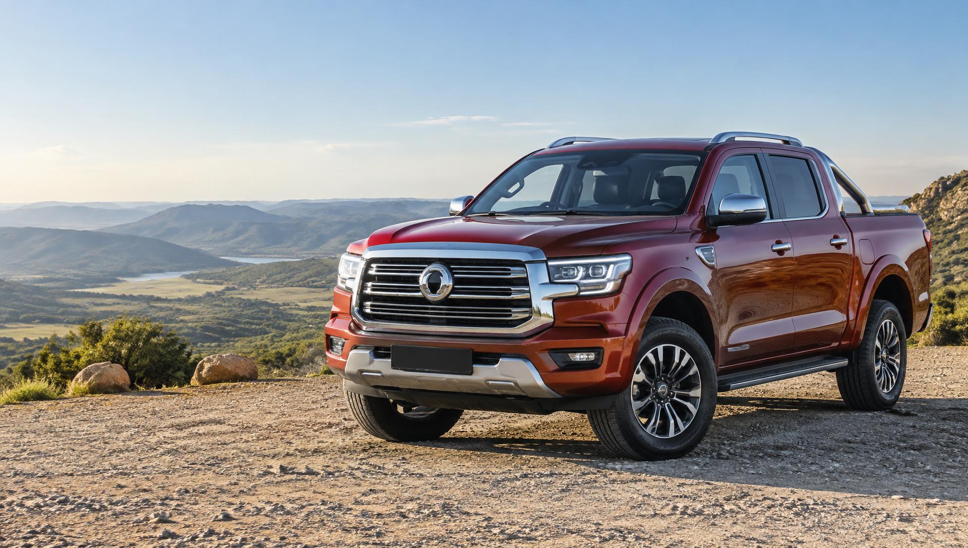 Red GWM P500 double-cab on a South African mountain overlook